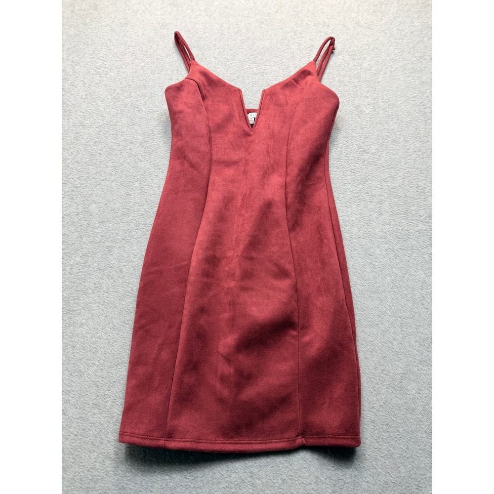 IRIS Burgundy Faux Suede V-Notch Mini Dress Sleeveless Bodycon ID4917 Small